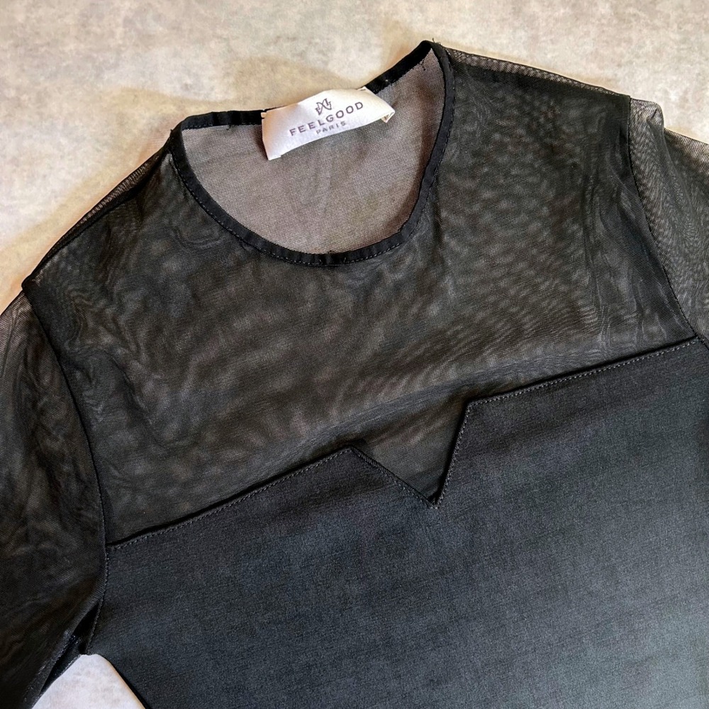 Feelgood Paris Black Mesh Long Sleeve Bodysuit Sheer Panel Notched Neckline M/L - Picture 3 of 11